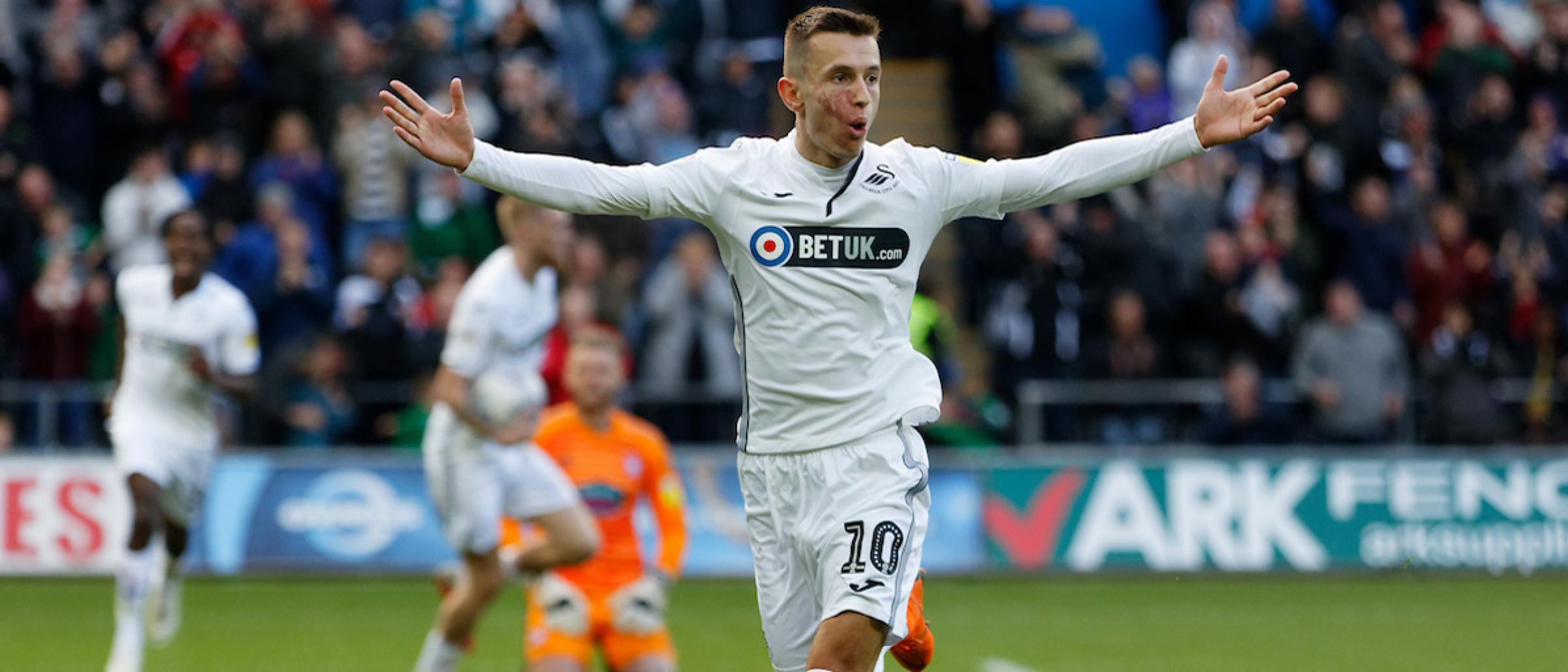 Bersant Celina celebrates scoring v Ipswich Town