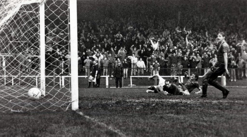 Paul Raynor scores against Cardiff at the Vetch Field in 1987