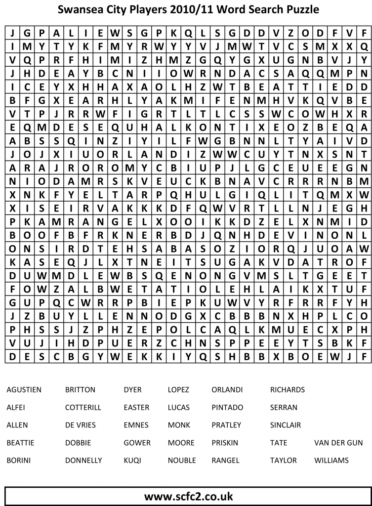 Swansea City Players 2010-2011 Word Search Puzzle