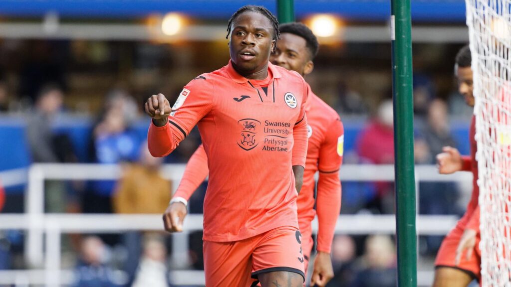 Obafemi celebrates scoring against Birmingham