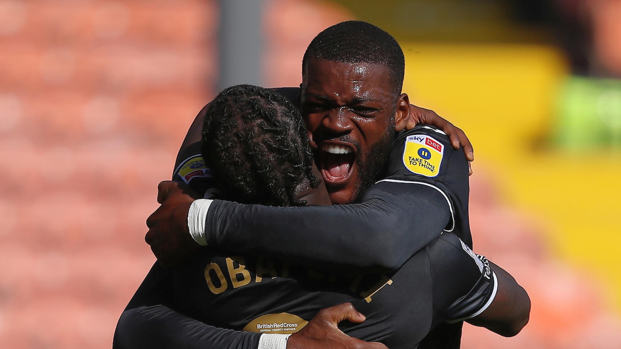 Olivier Ntcham celebrates scoring at Blackpool