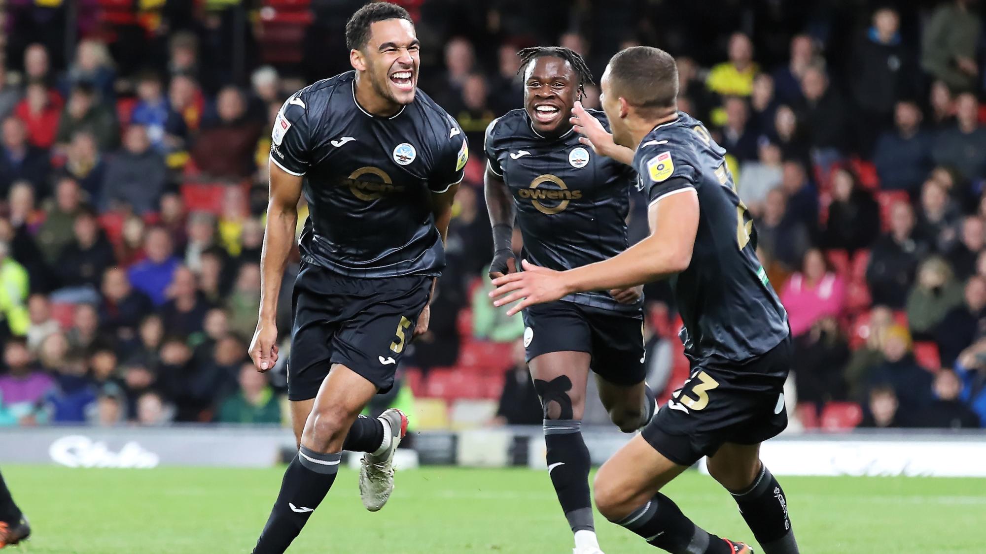Ben Cabango celebrates scoring at Watford