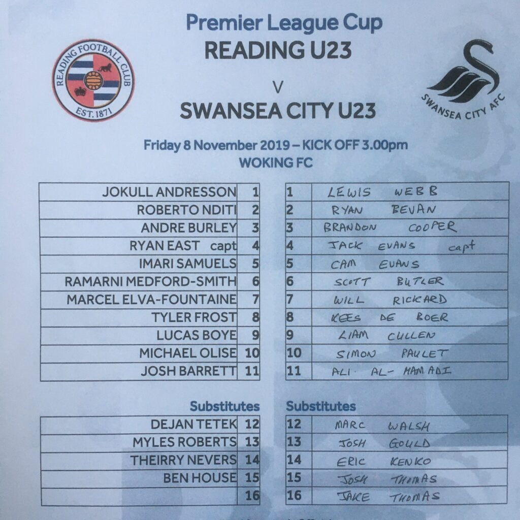20191108 - Reading U23 v Swans U23 Team Sheet