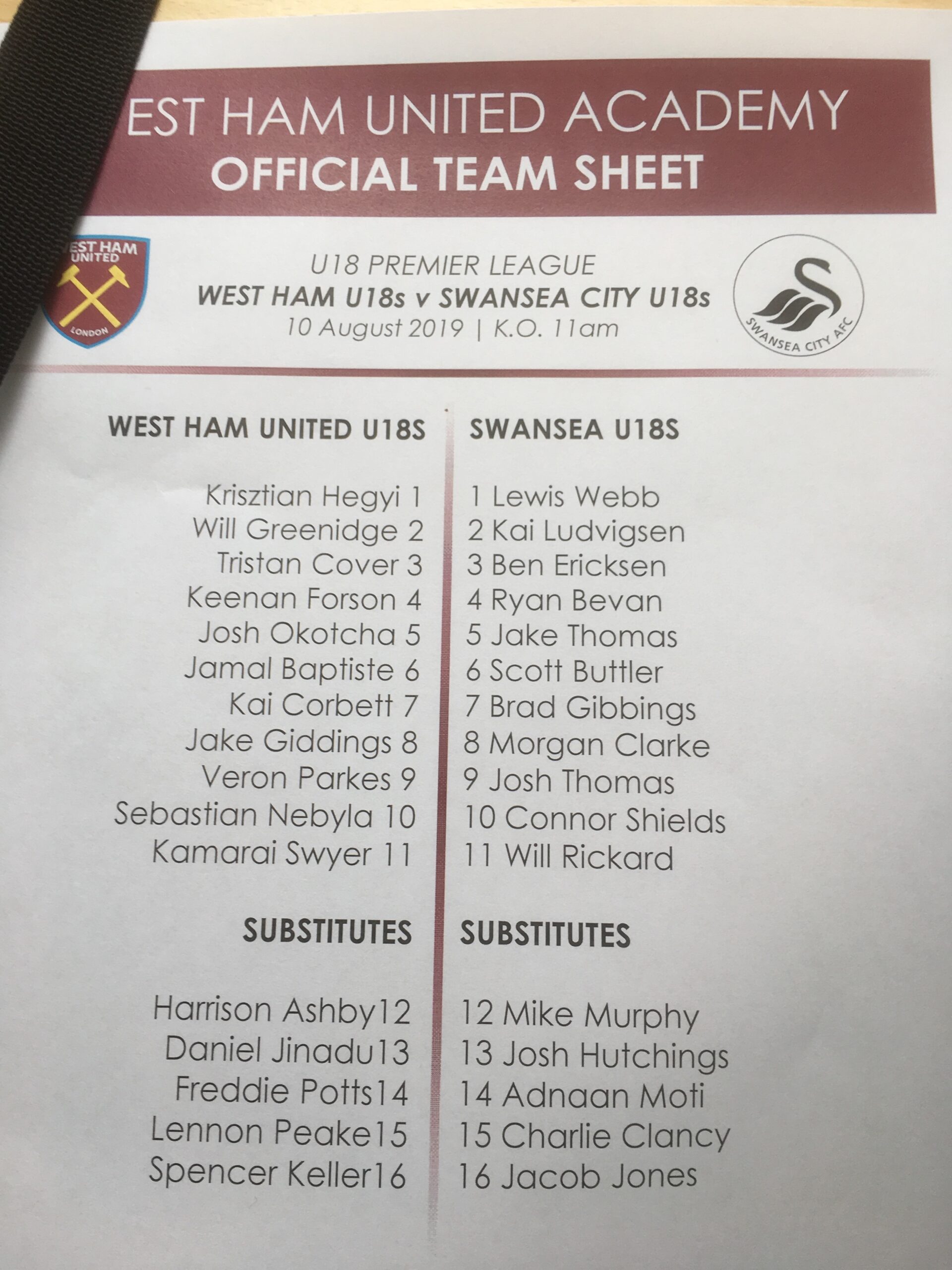 West Ham United v Swansea City - U18 Premier League