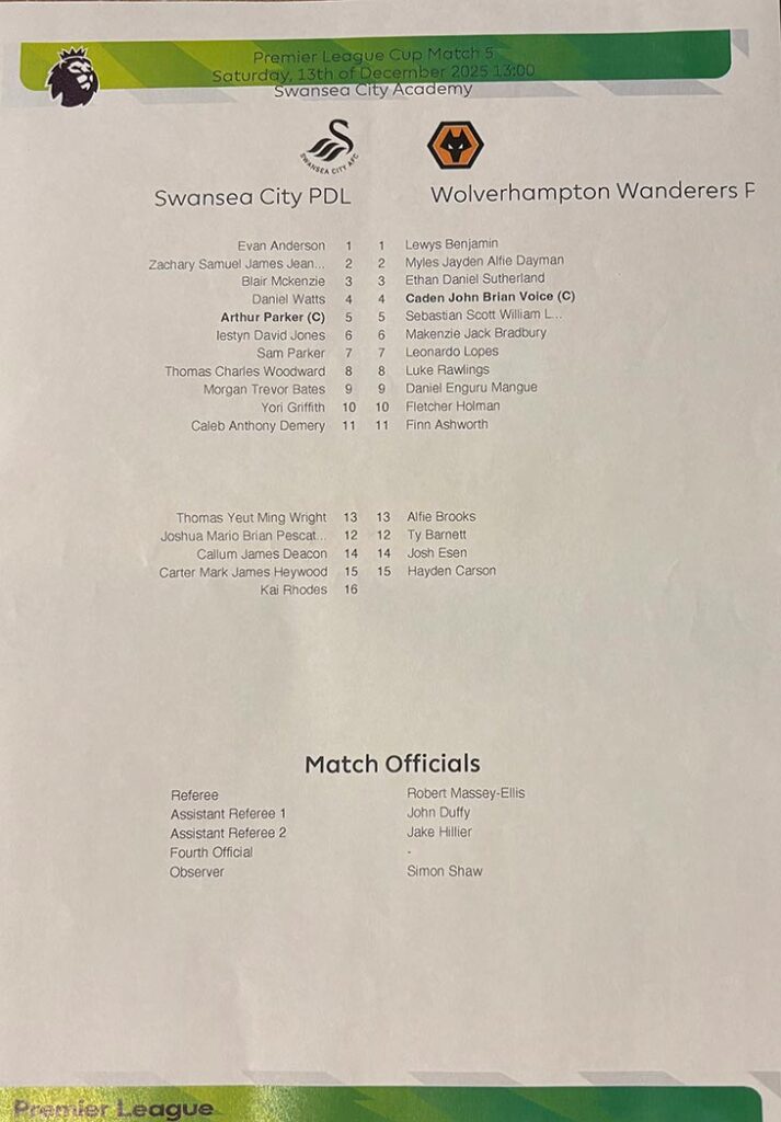 Swansea City v Wolves - Under 21 Team Sheet