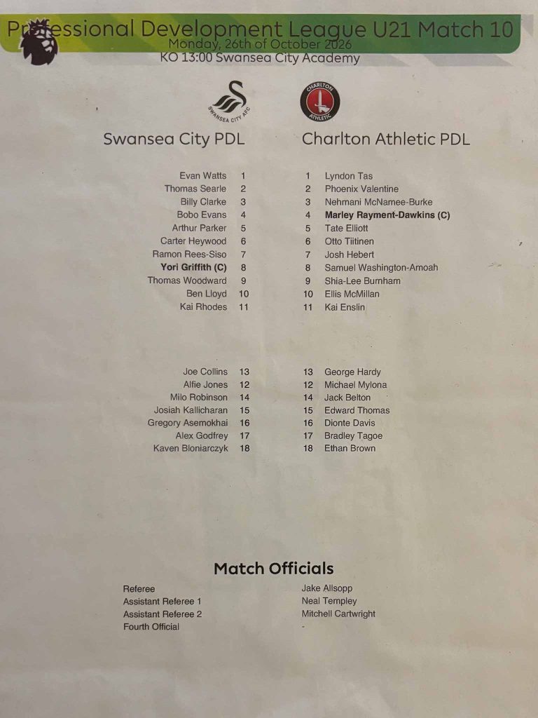 Swansea City U21s v Charlton Athletic U21s - October 2026